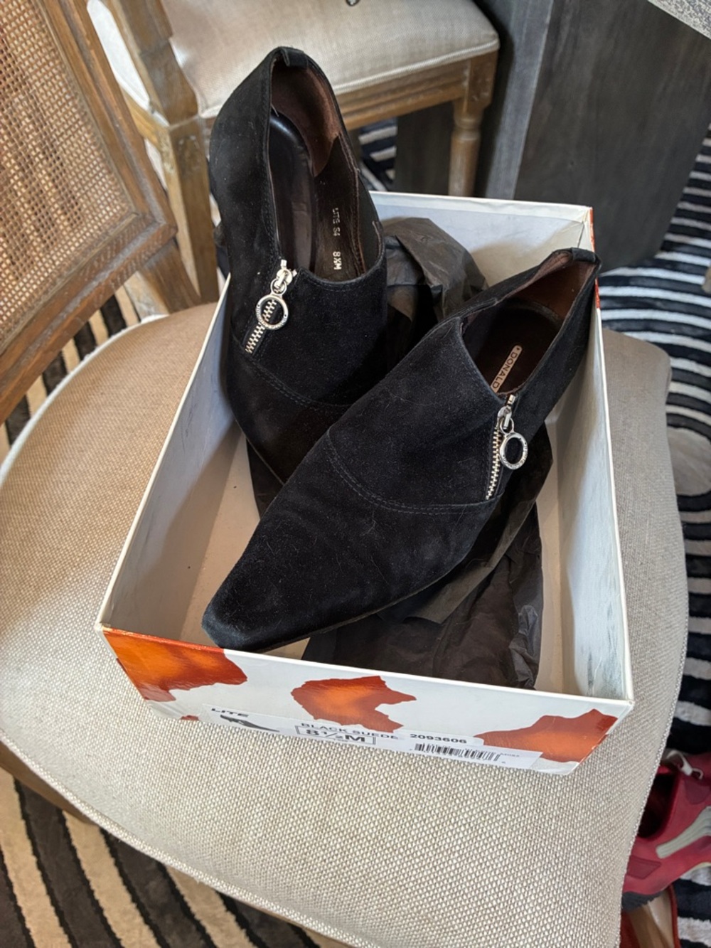 Donald J. Pliner Black Suede Pointed Zip Ankle Booties with Ring Pull